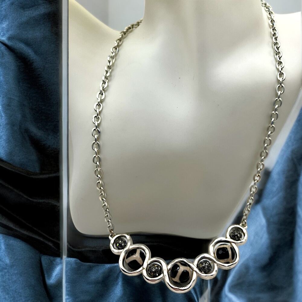 Black, White & Silver Rhinestone Beads Faceted Modern 23.5" Necklace!
